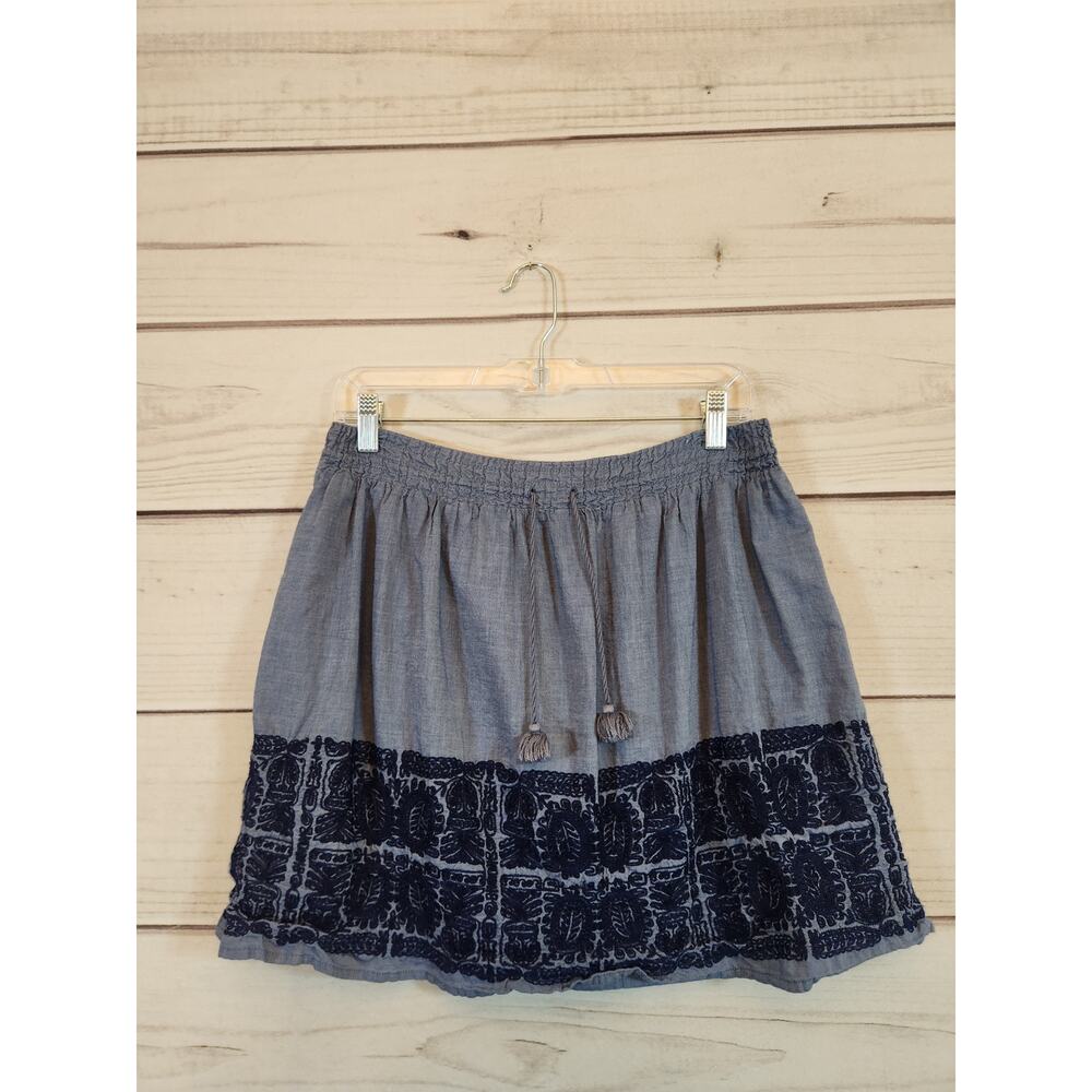 J Crew Zafrina Chambray Blue Cotton Embroidered Elastic Waist Mini Skirt Size XS